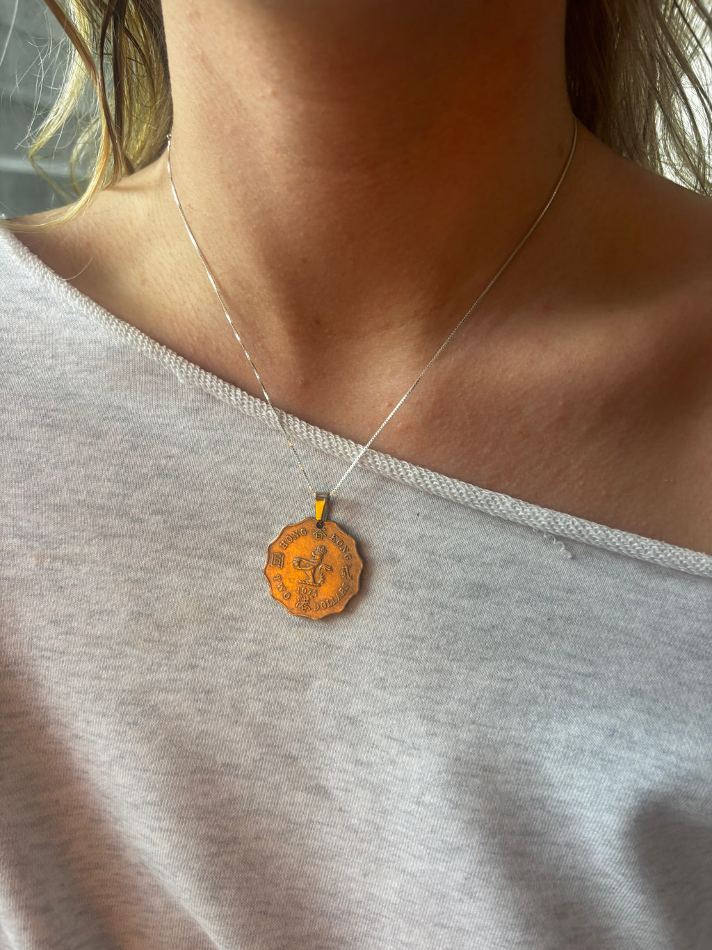 Vintage hong kong coin necklace with lily