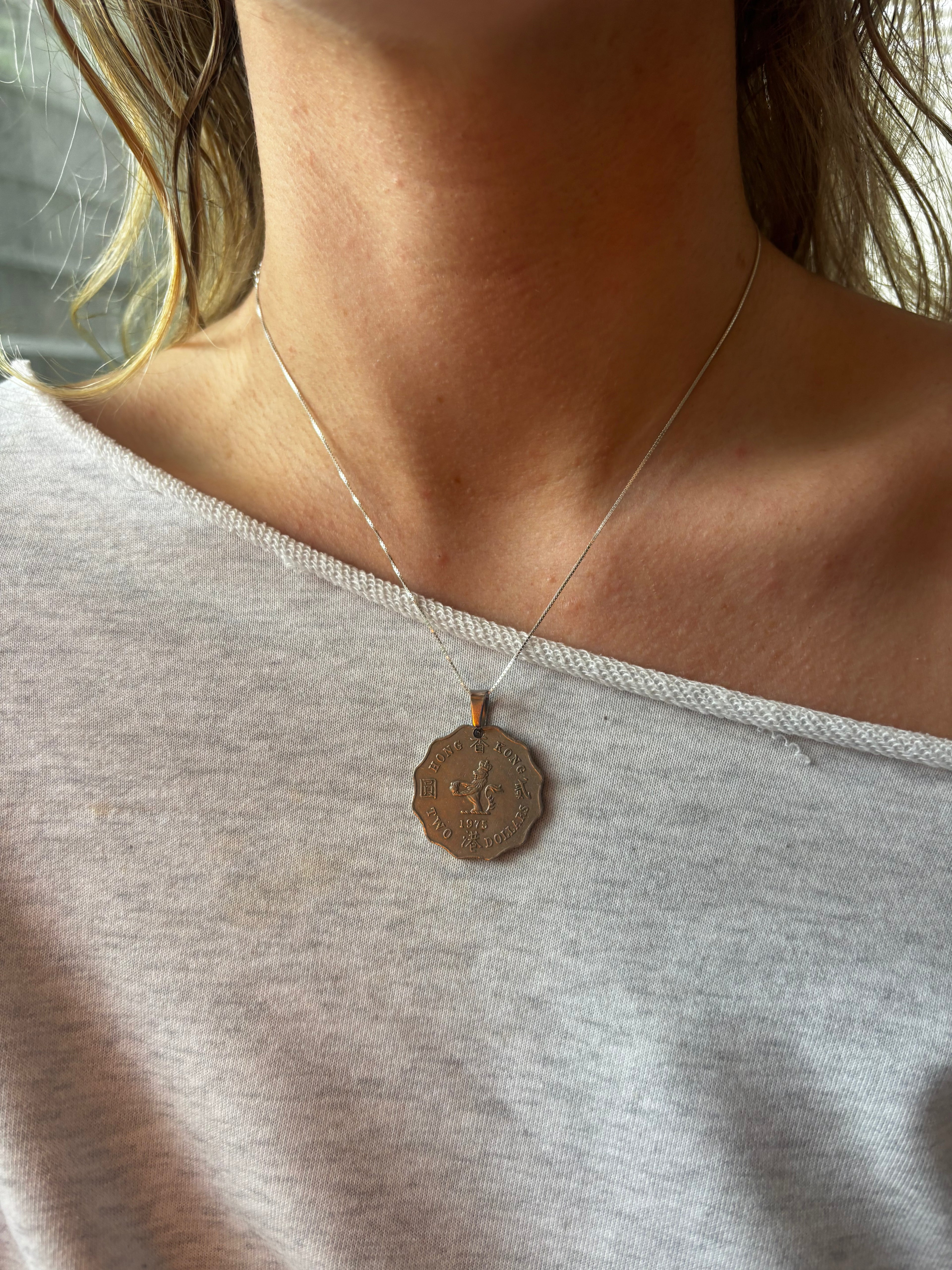 Vintage hong kong coin necklace with lily