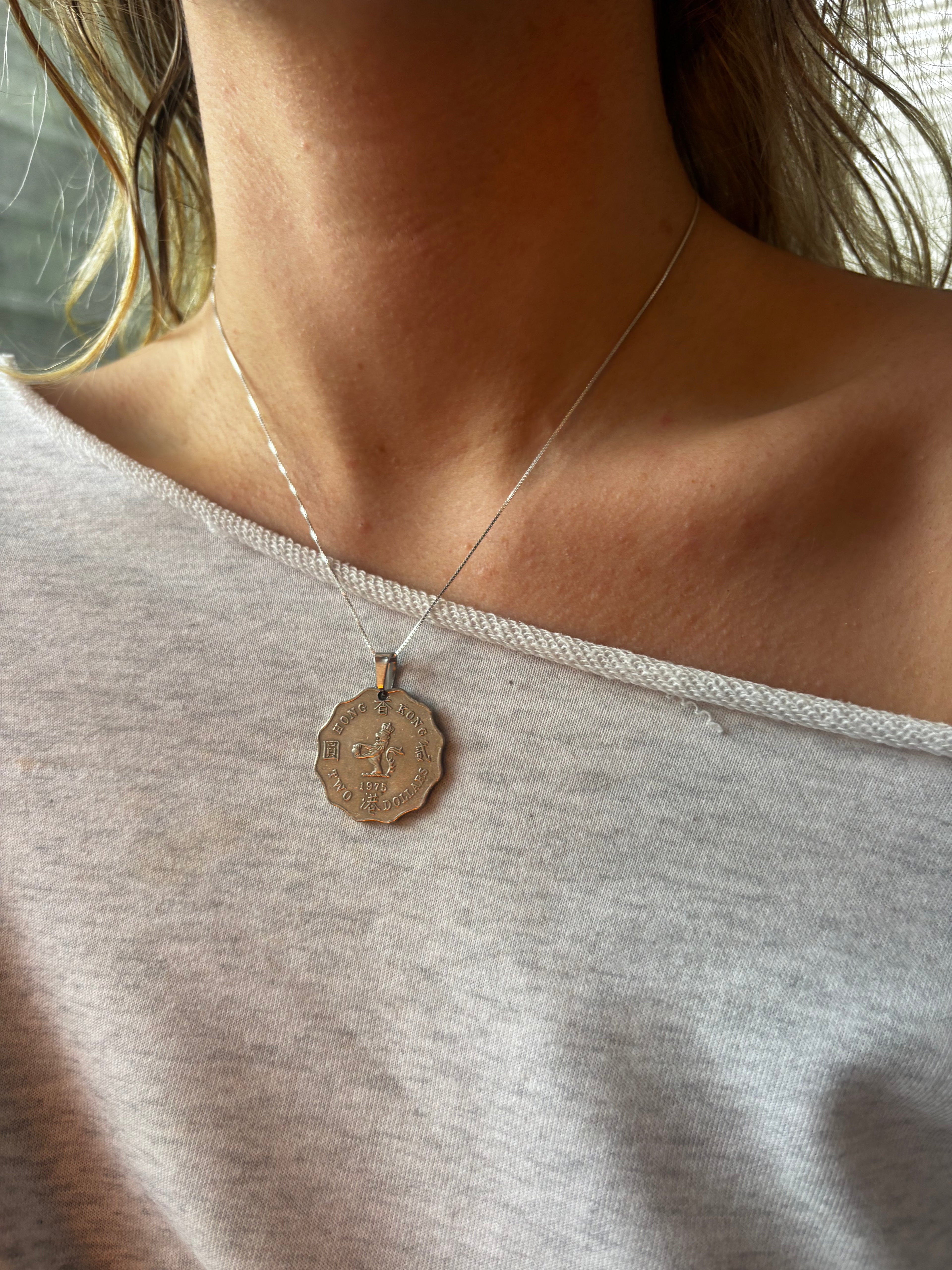 Vintage hong kong coin necklace with lily