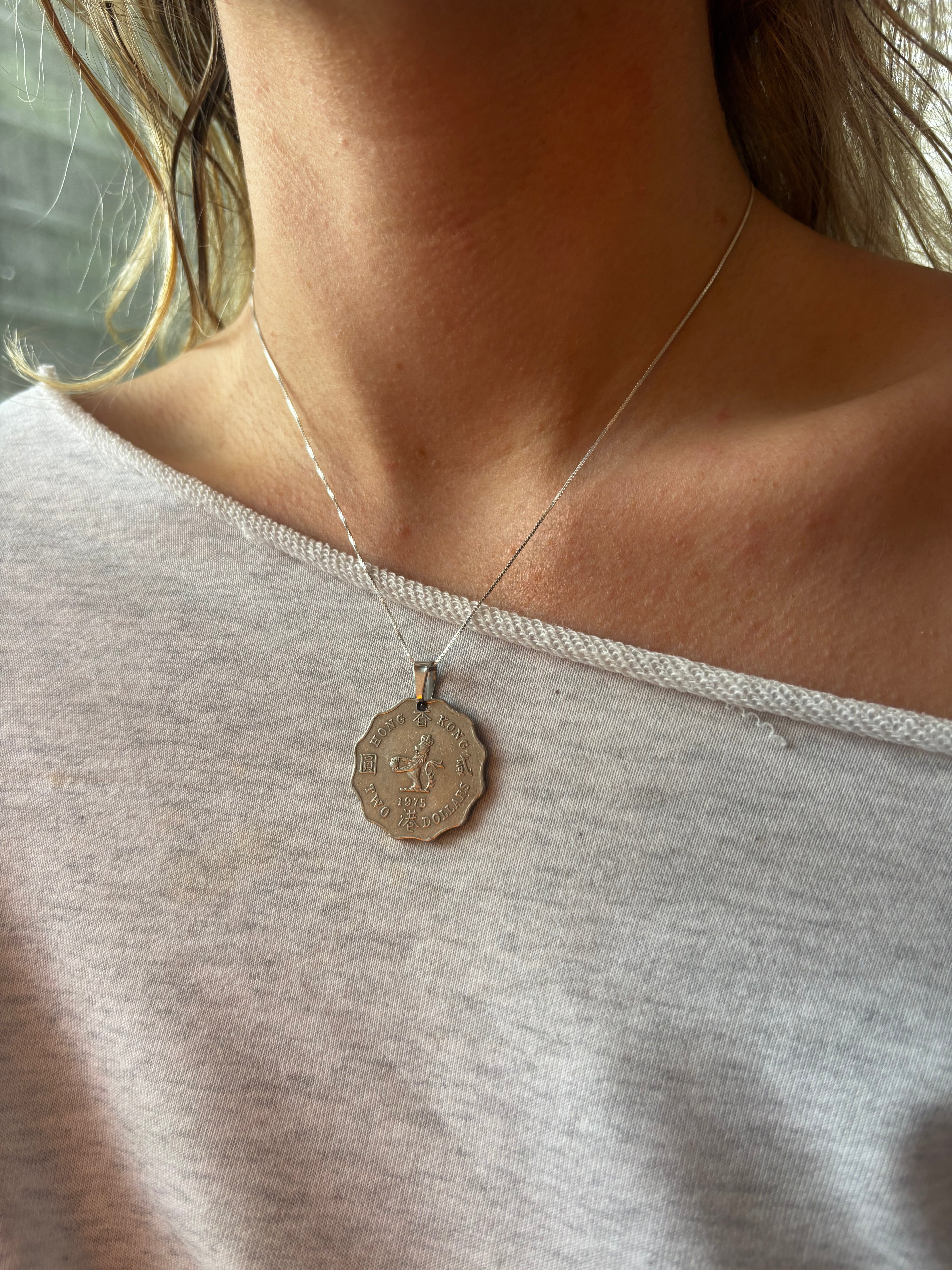 Vintage hong kong coin necklace with lily