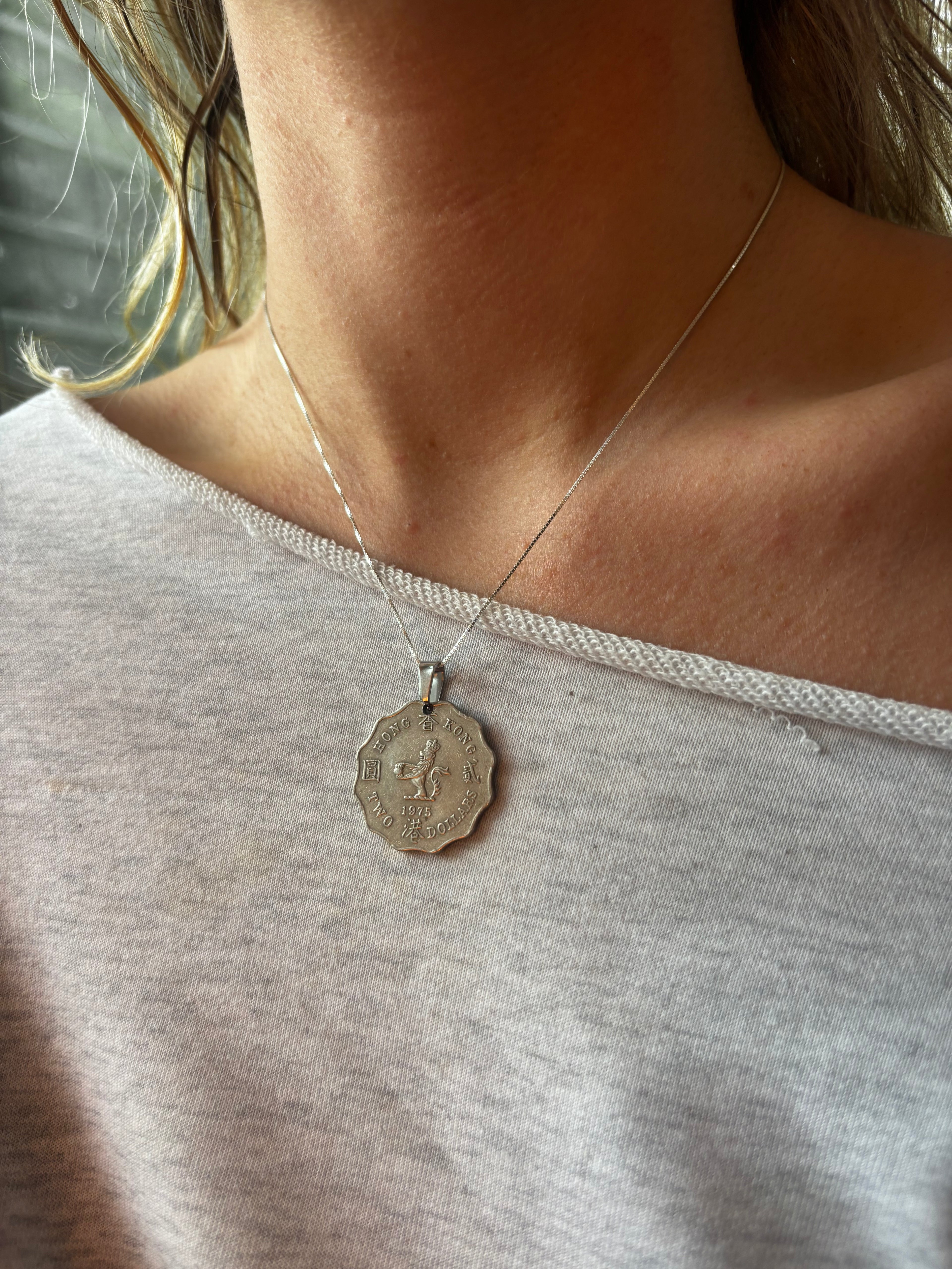 Vintage hong kong coin necklace with lily