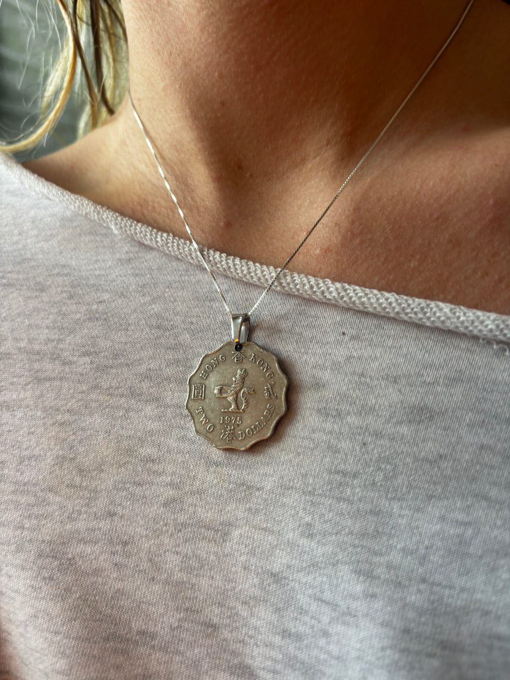 Vintage hong kong coin necklace with lily