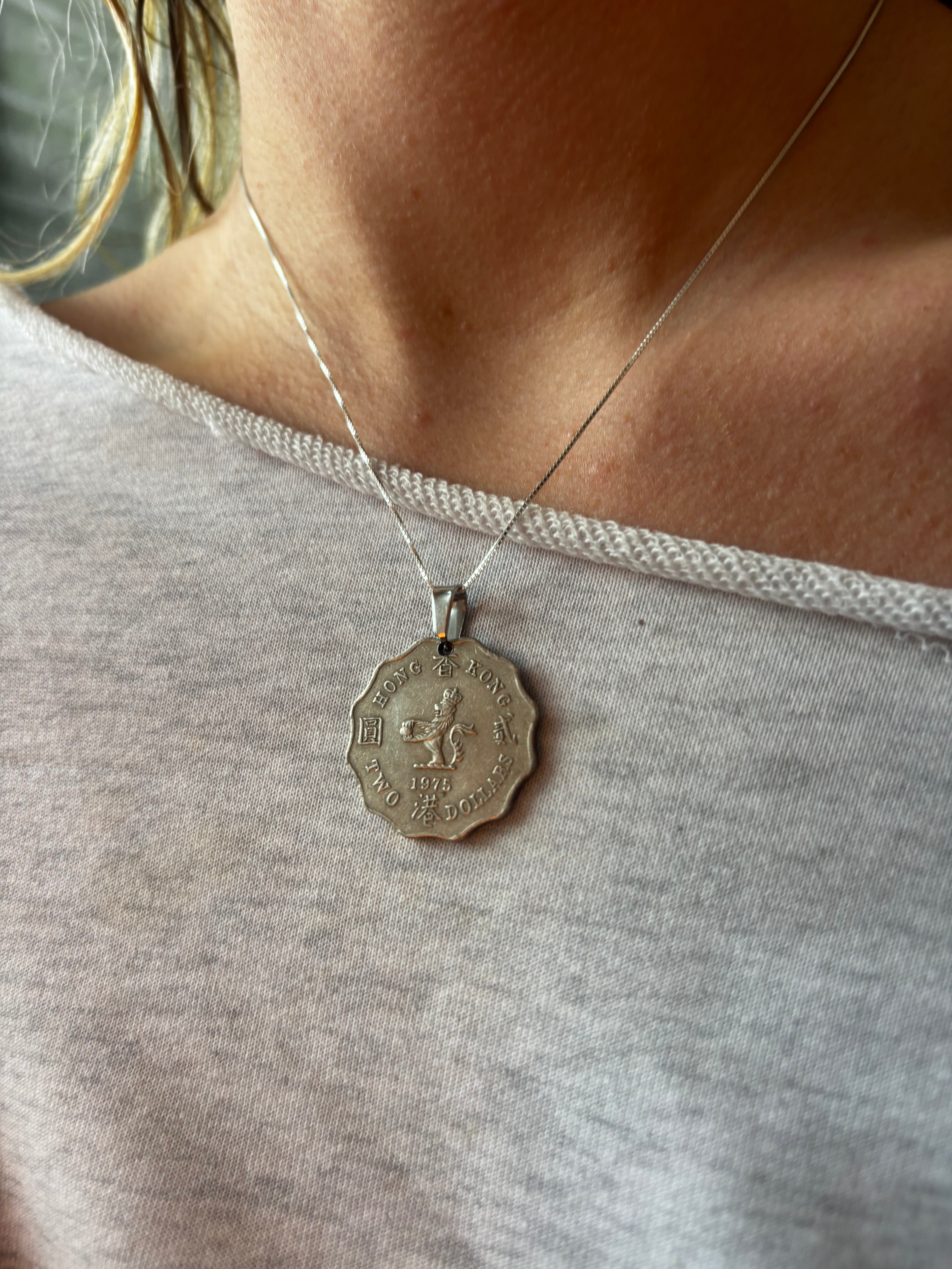 Vintage hong kong coin necklace with lily