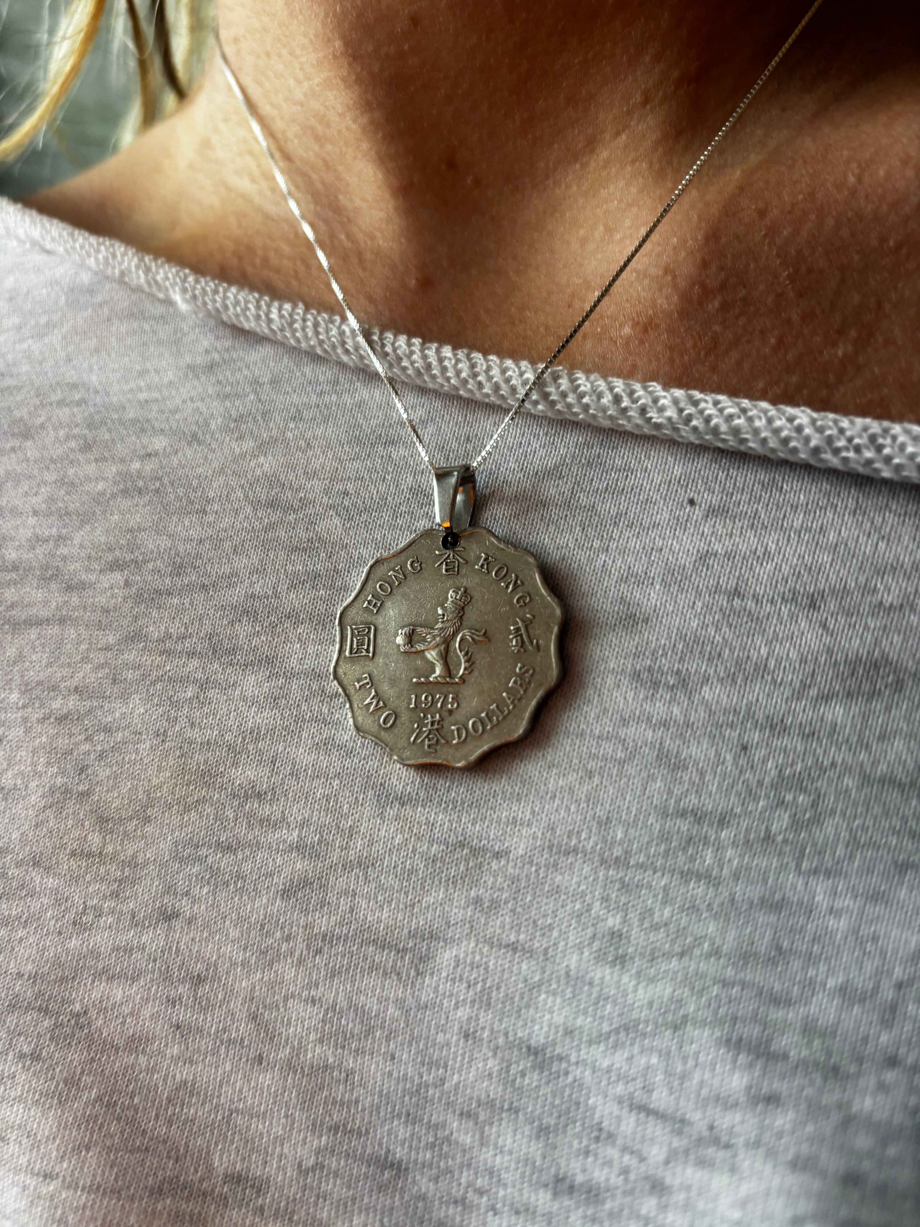 Vintage hong kong coin necklace with lily